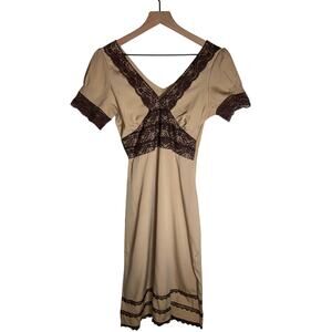 VINTAGE AZIZ lace lined mocha and brown Y2K lace lined baby doll mini dress S
